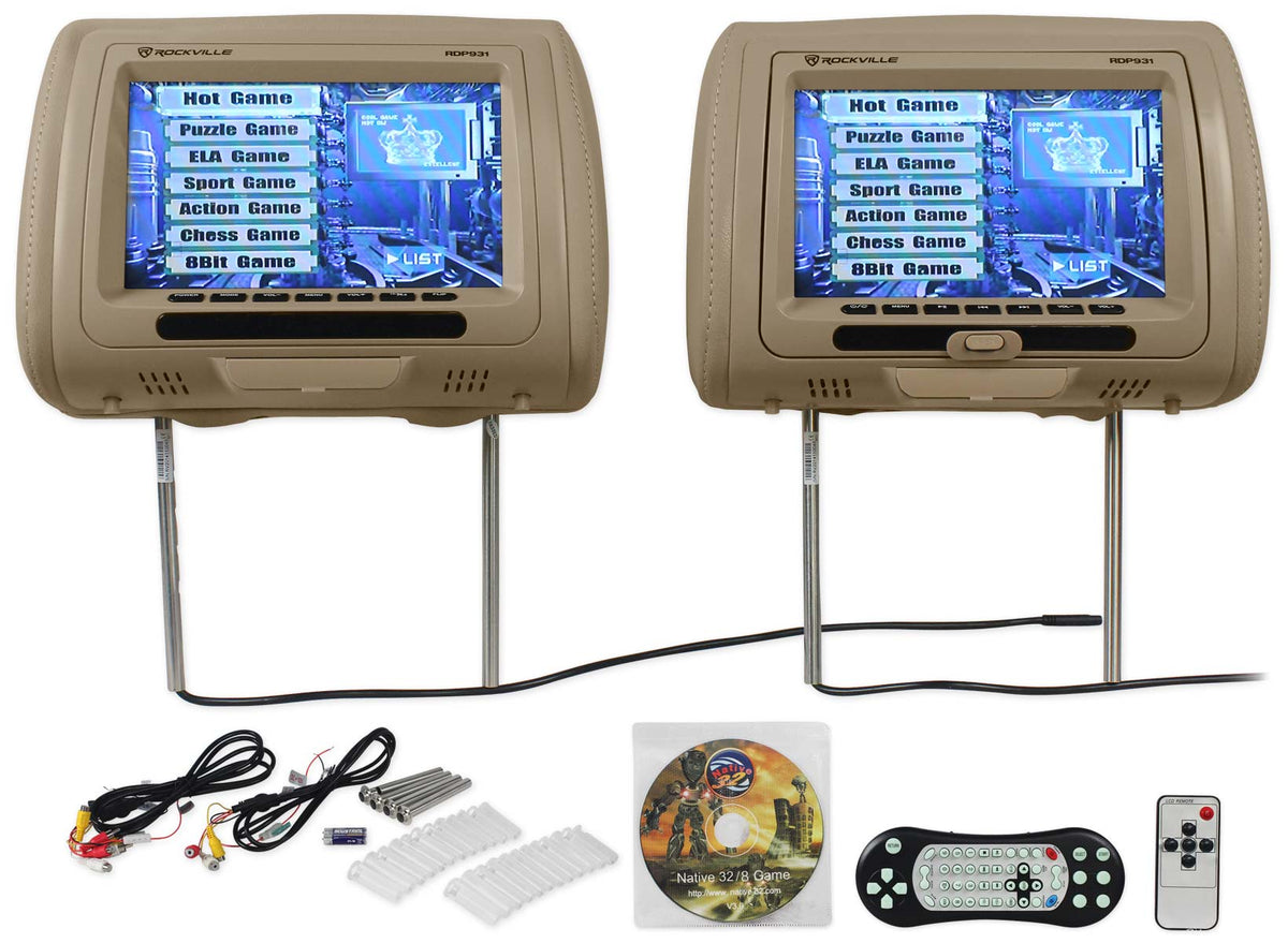 New Rockville RDP931-BG 9” Beige Car DVD/USB/HDMI Headrest Monitors+Video Games