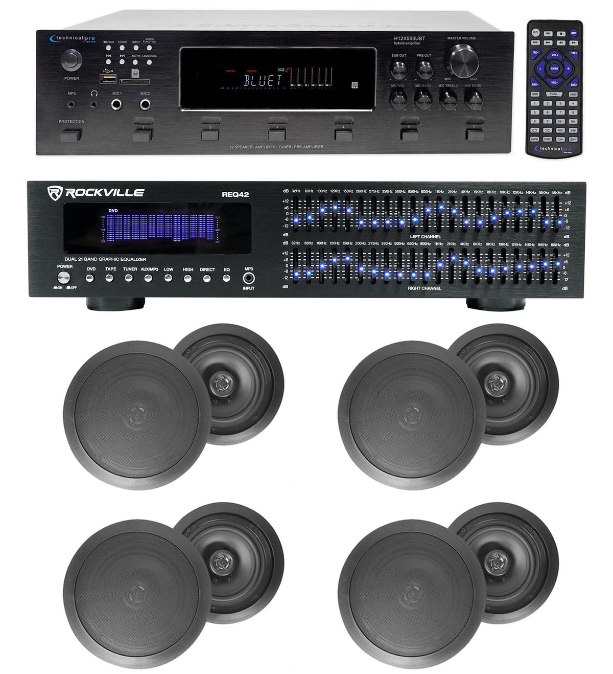 6-Zone Receiver with (4) Pairs of Black 8" In-Ceiling Speakers, Commercial Package