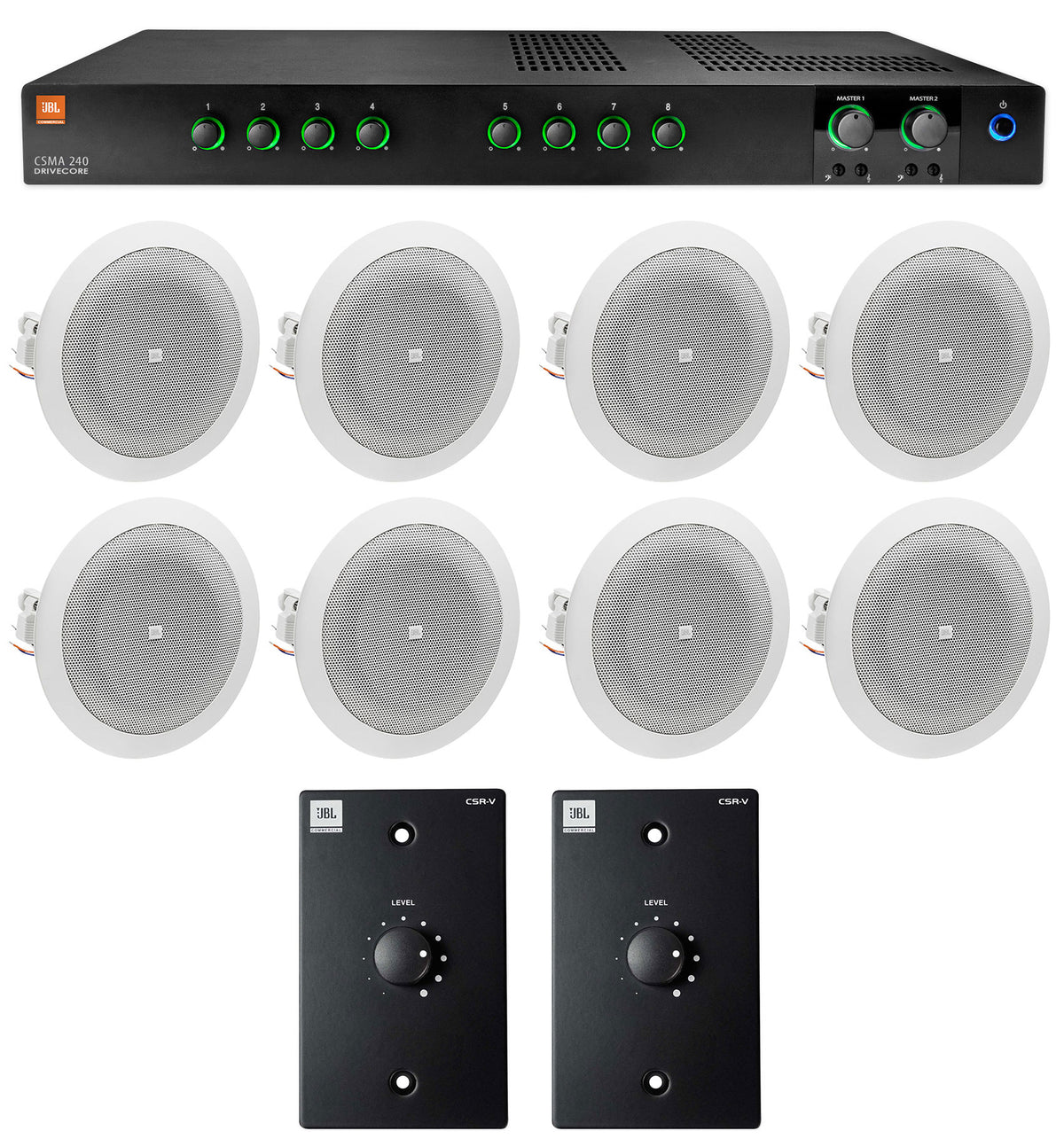 JBL CSMA240 Commercial Amplifier+(8) 4" In-Ceiling Speakers+(2) Wall Controllers