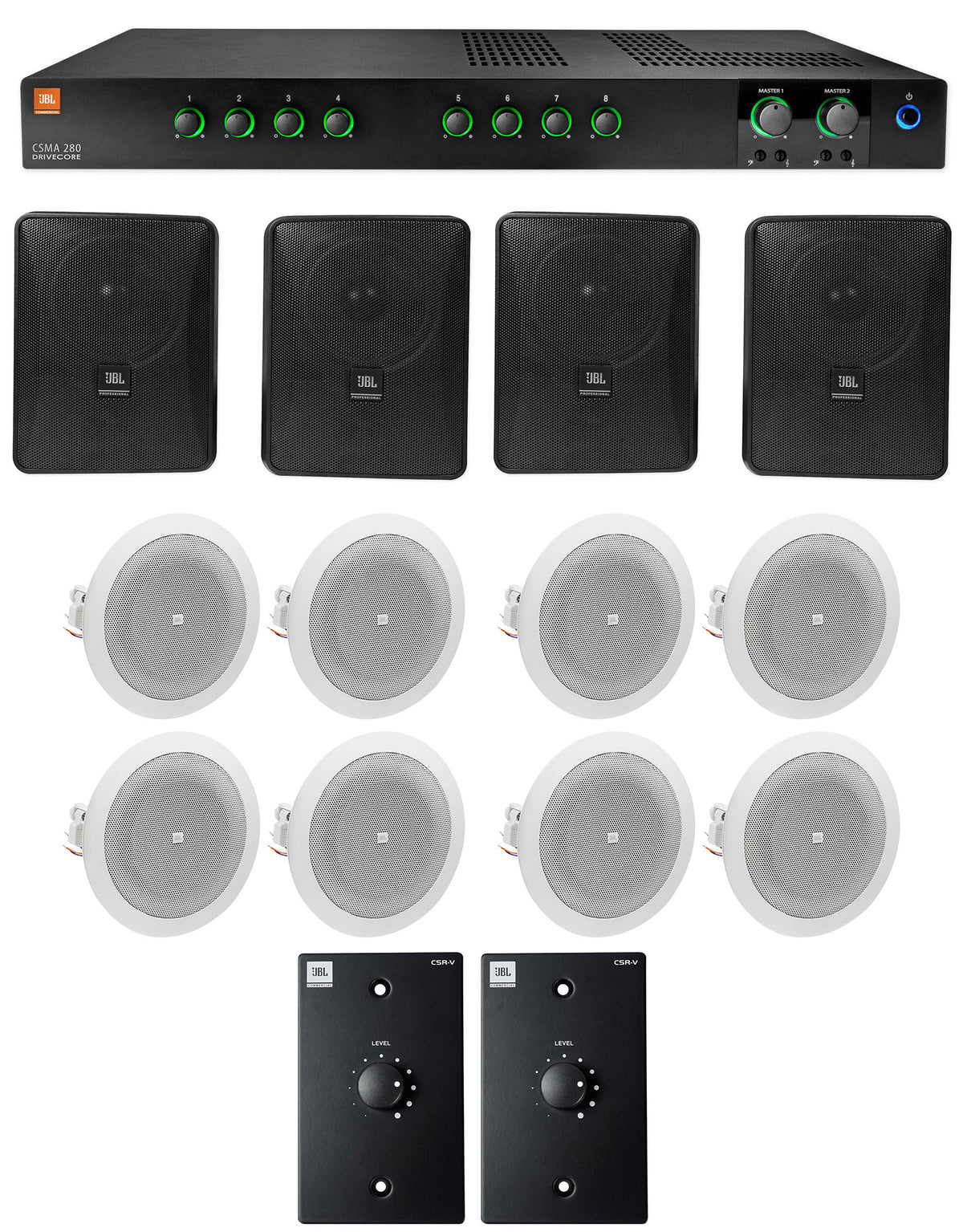 JBL Commercial Amplifier+4) 5.25" Black Wall+8) 4" Ceiing Speakers+Wall Controls