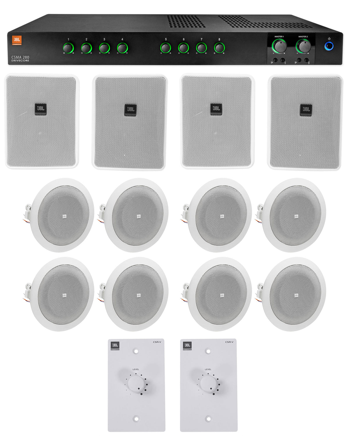 JBL Commercial Amplifier+4) 6.5" White Wall+8) 4" Ceiing Speakers+Wall Controls