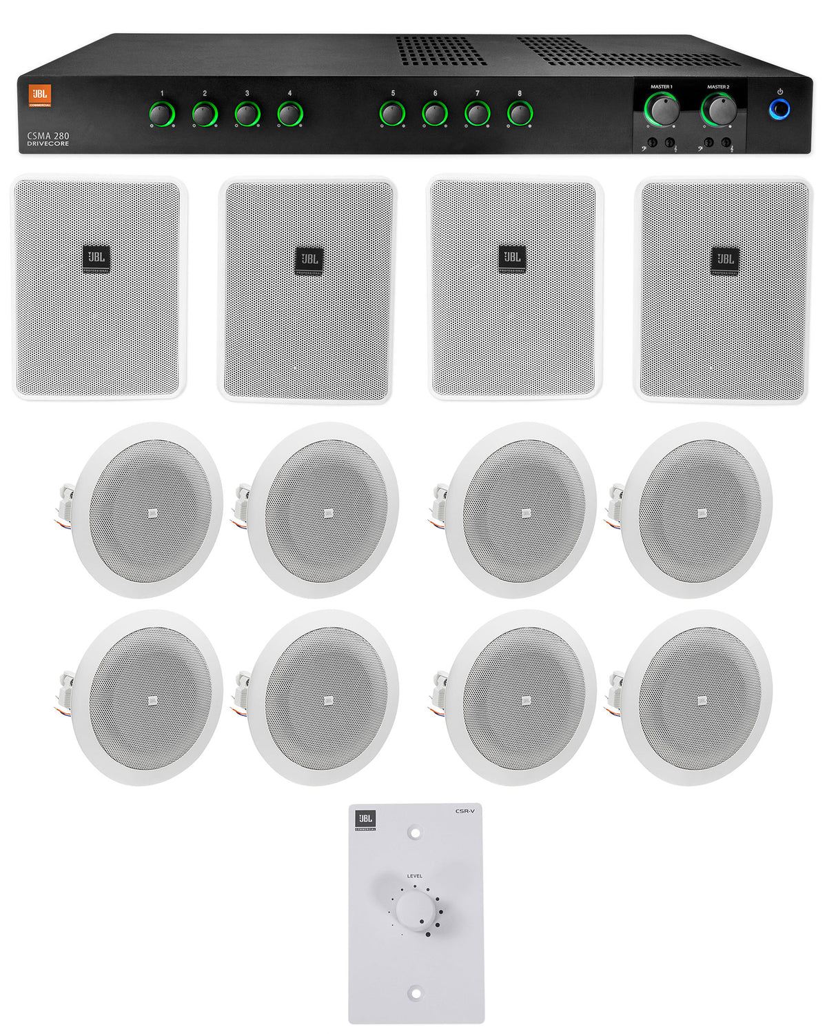 JBL Commercial Amplifier+(4) 6.5" White Wall+(8) 4" Ceiing Speakers+Wall Control