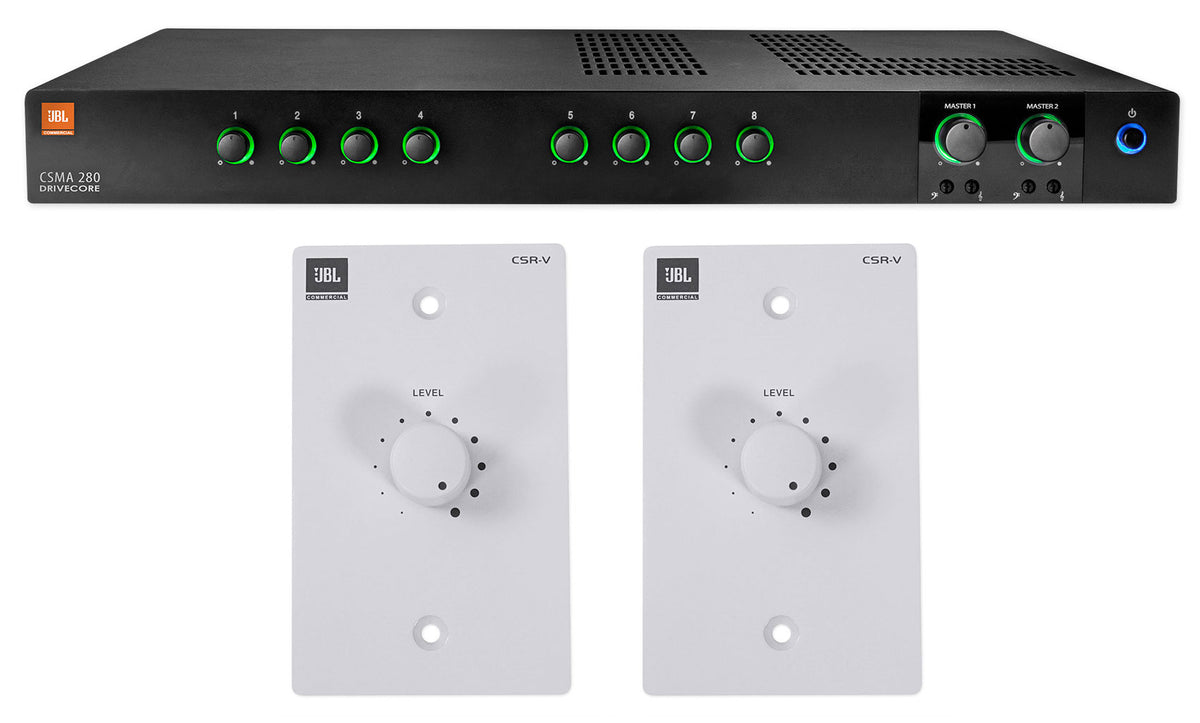JBL CSMA280 Commercial/Restaurant 2x80w Amplifier+White Wall Volume Controllers
