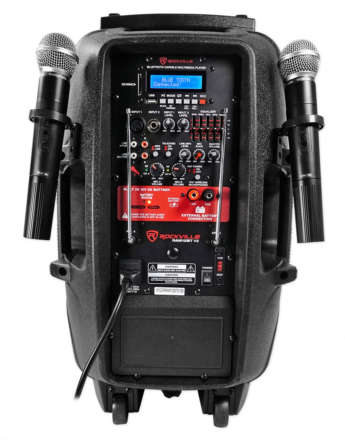 Rockville RAM12BT 12" Rechargeable Powered 600W DJ PA Speaker, 2 Mics, Bluetooth
