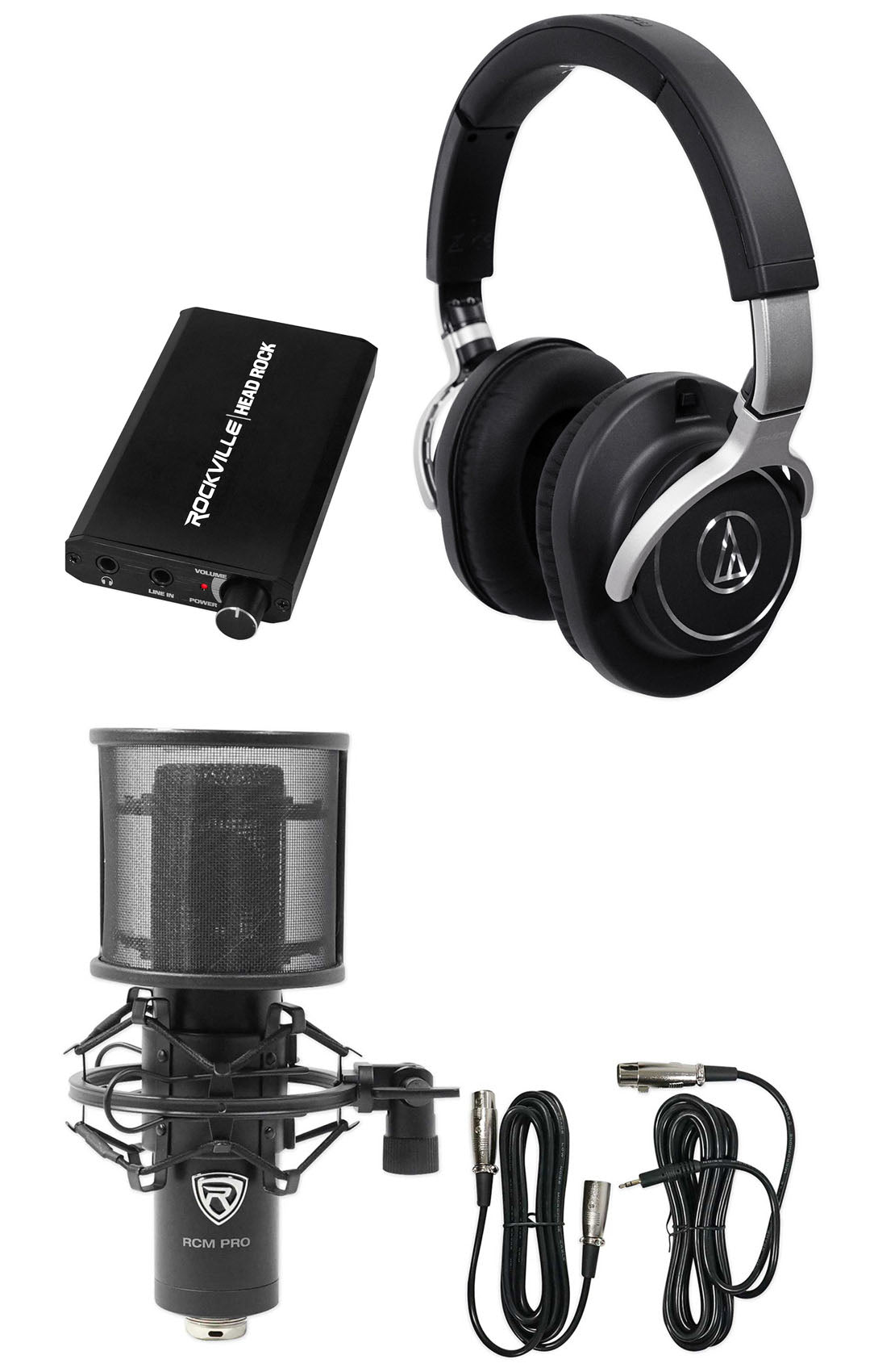 ATH-M70x Monitor Headphones + HeadRock Amp + RCM PRO Studio Mic