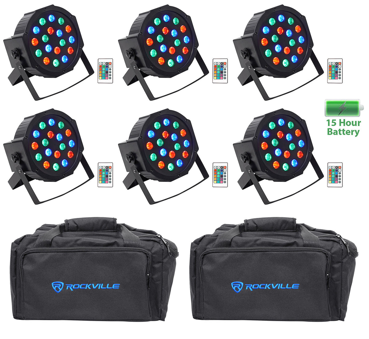 Rockville BATTERY PAR 50 Rechargeable LED DMX DJ Wash Up-Lights+Remotes+Bags