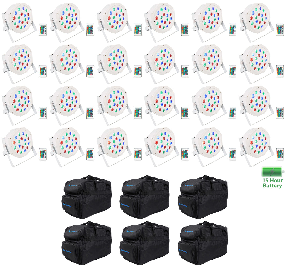 (24) BATTERY PAR 50 White Rechargeable LED DMX DJ Wash Up-Lights + Bags
