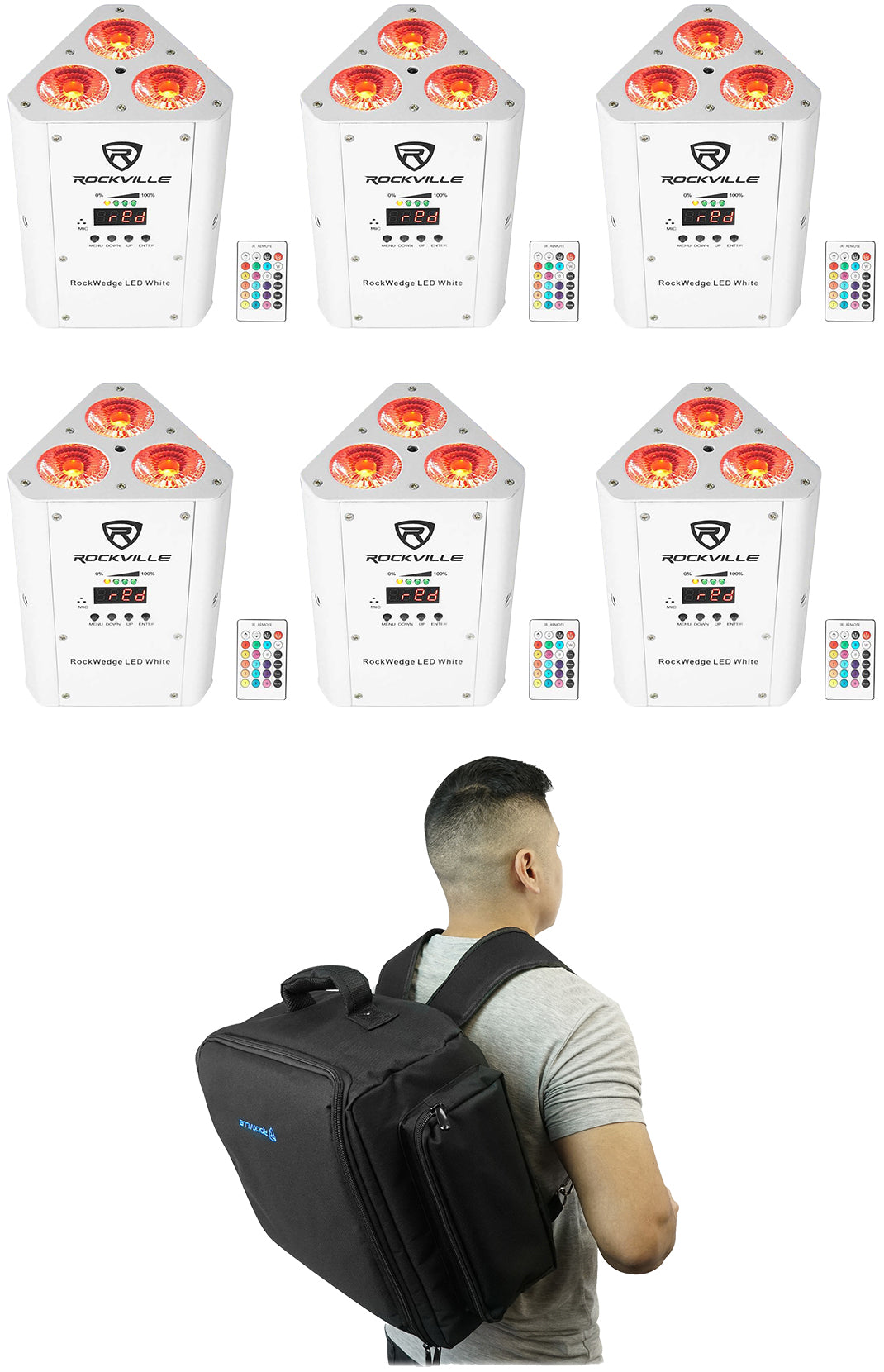 (6) RockWedge LED RGBWA+UV White Wireless DMX Battery Lights+Backpack