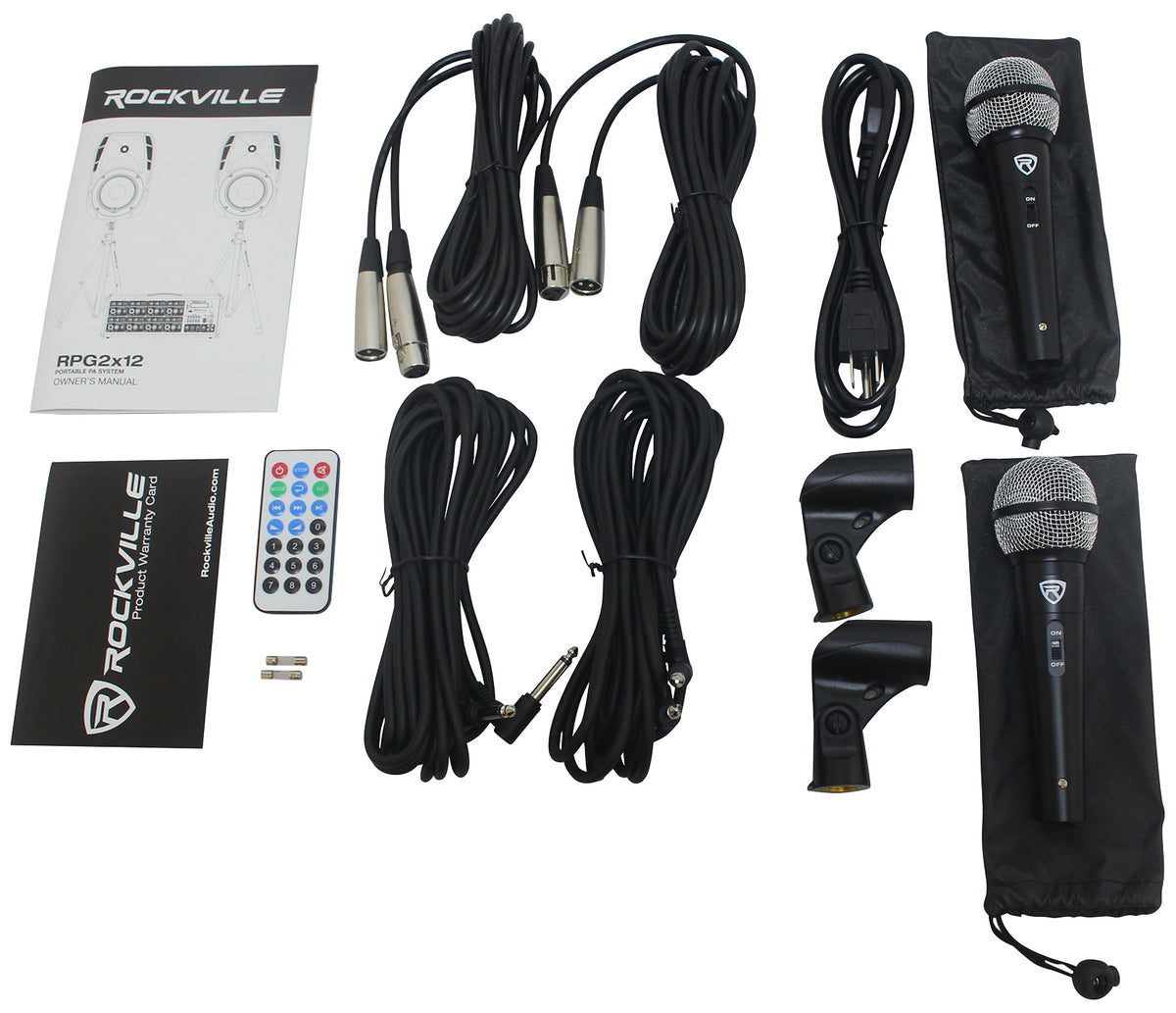 Pair of Rockville Package 12" 1400 Watts Passive DJ PA Speakers+(2) Stands+(2) Mics+Cables