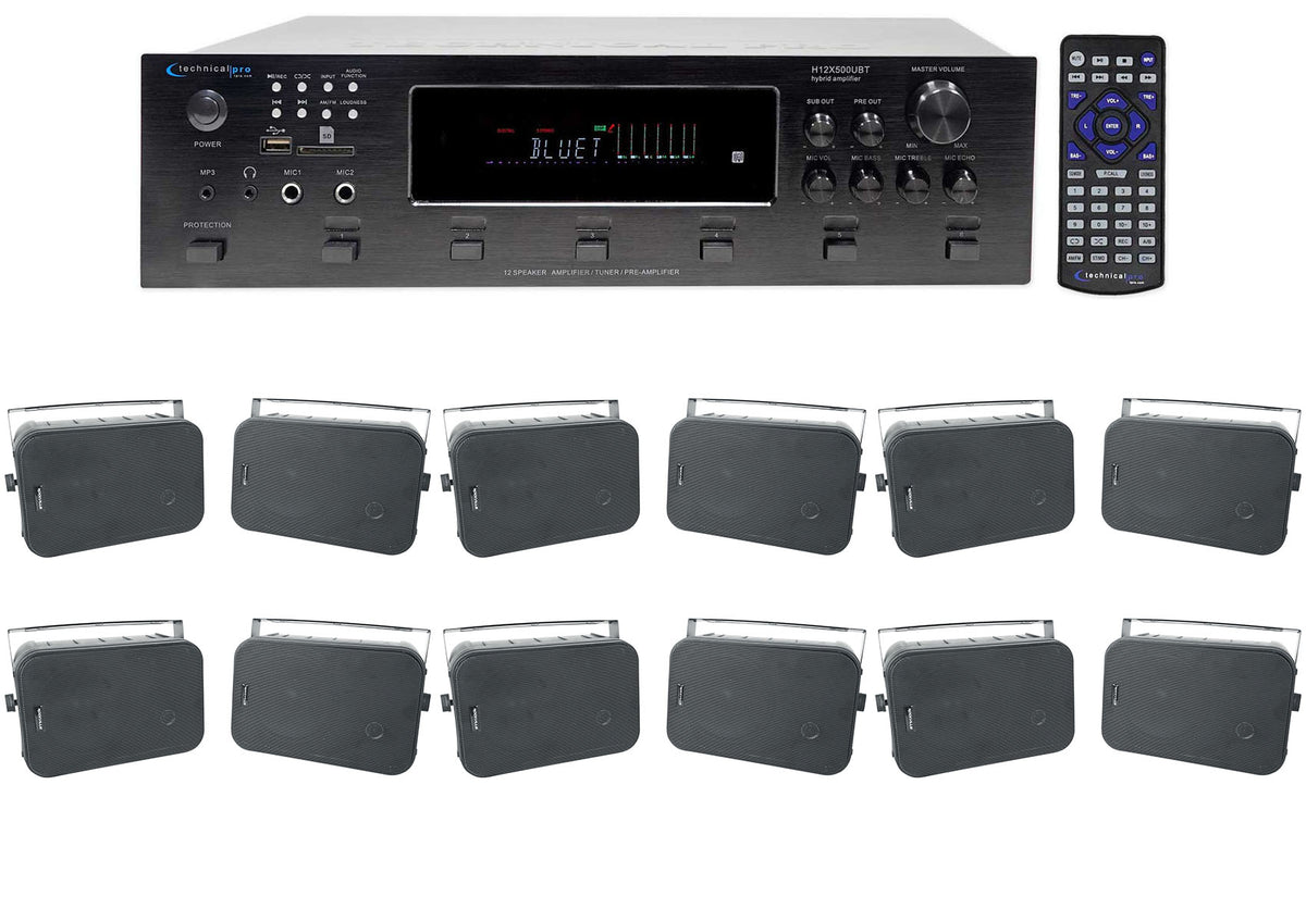 H12X500UBT 6-Zone Receiver + (12) Black 6.5 In Outdoor/Indoor Speakers For Restaurant/Bar