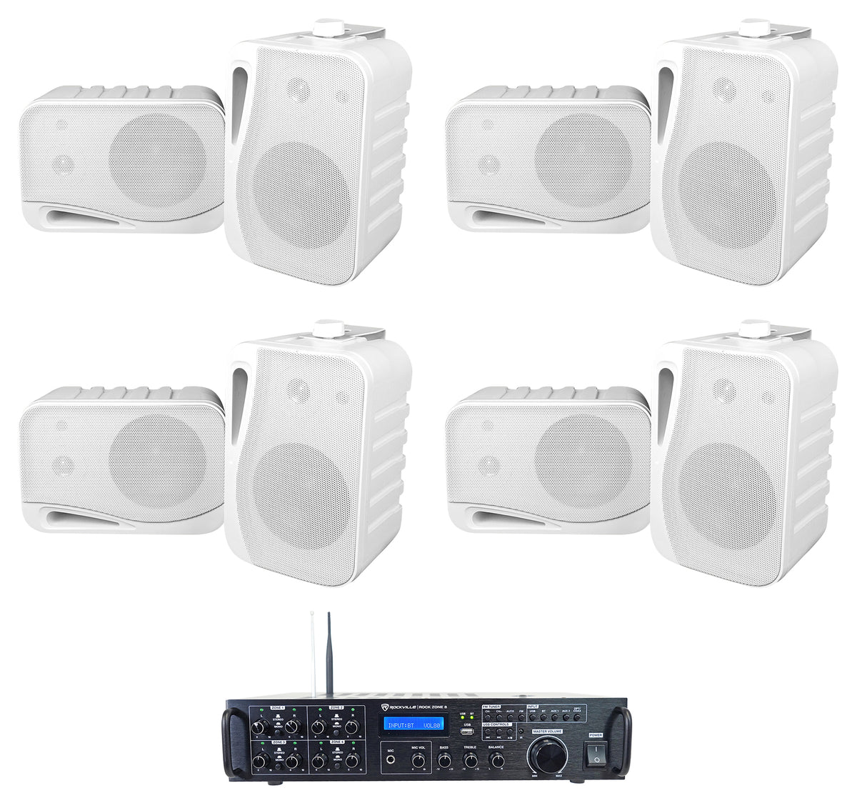 Rock Zone 8 Channel Multi Room Home Receiver+8) White 4" Wall Speakers