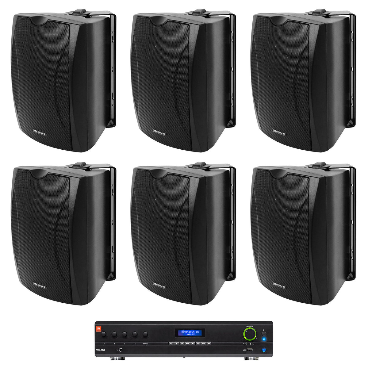 JBL VMA1120 Commercial 70v Amplifier+6) Black 5.25" Wall Speakers For Restaurant