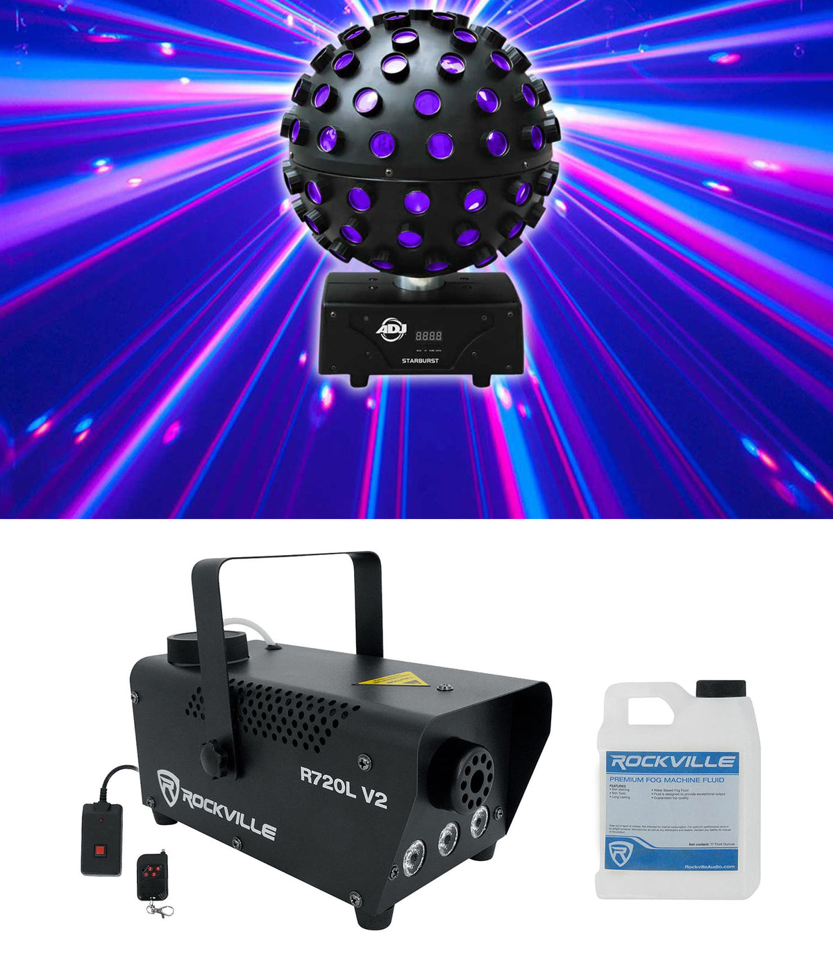 American DJ ADJ Starburst LED Sphere Shooting Beam Lighting Effect+Fog Machine