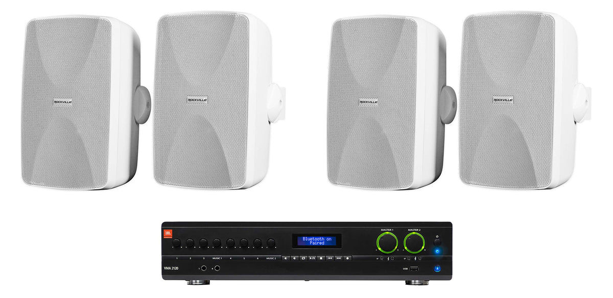 JBL VMA2120 2-Ch Commercial 70V Bluetooth Amplifier+4) 5.25" White Wall Speakers