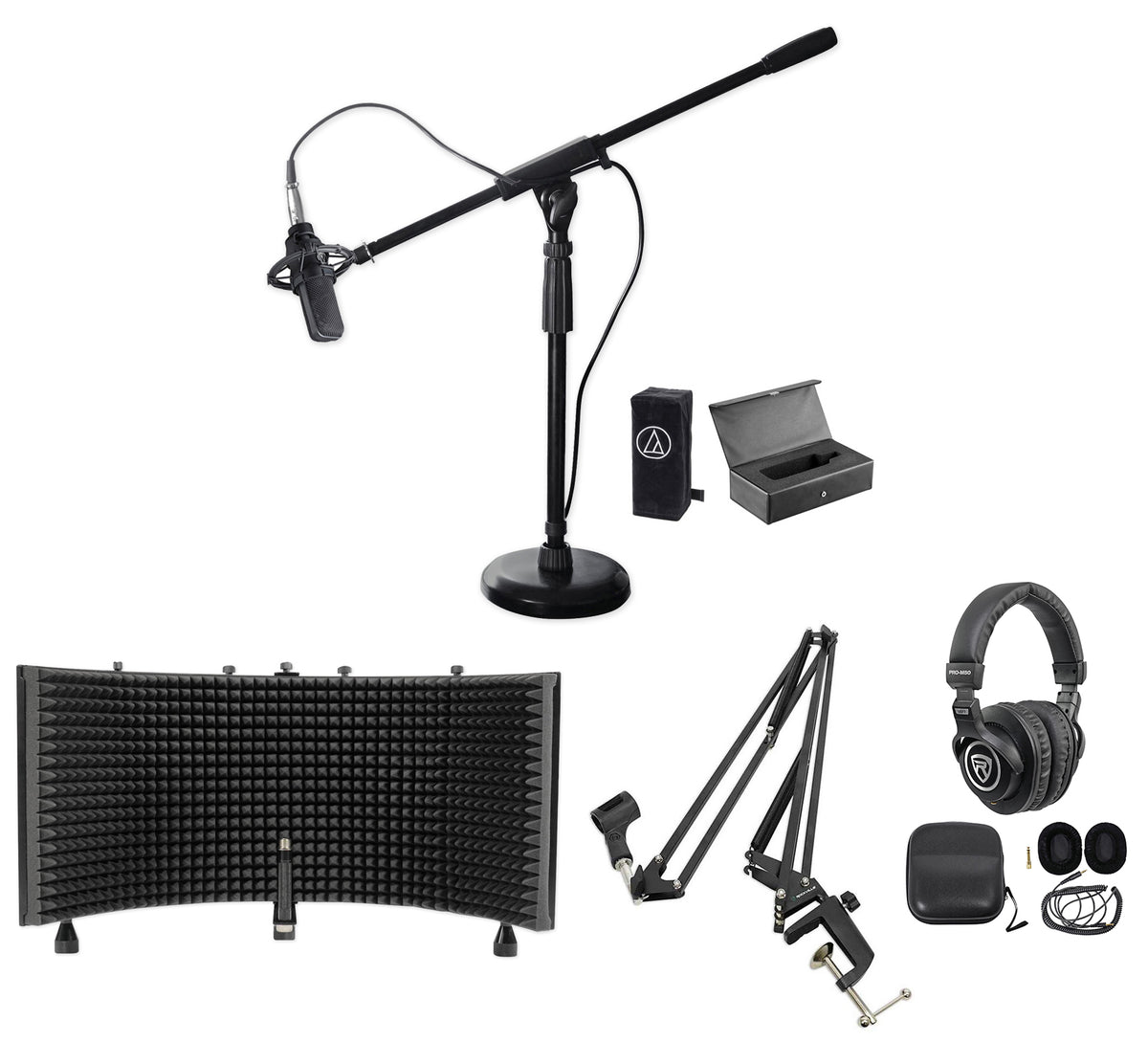 AT4033A Condenser Microphone, PRO-M50 Headphones, Isolation Shield & Boom Stand Bundle