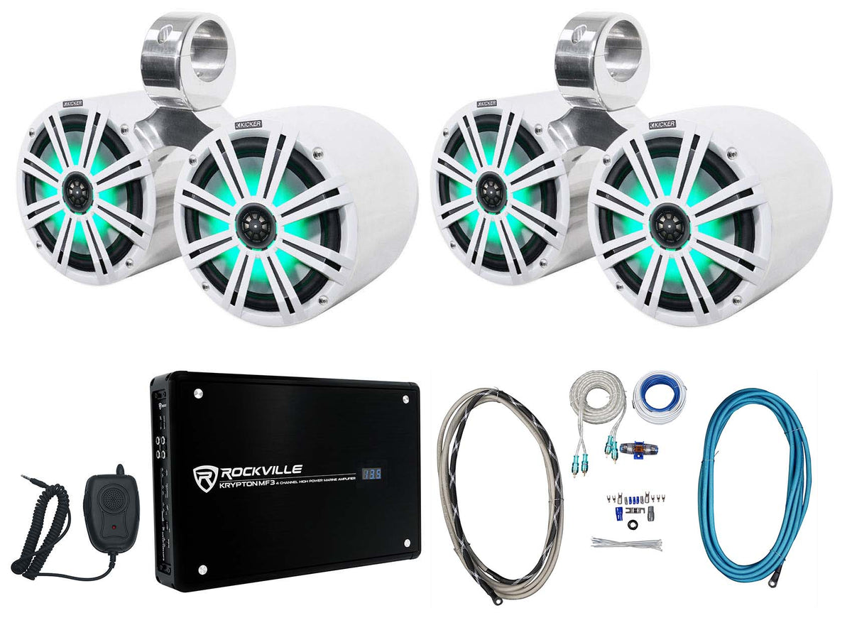 (4) 45KM84L 8" 1200W Marine LED Speakers, Polished Silver Pods + Amplifier + Kit