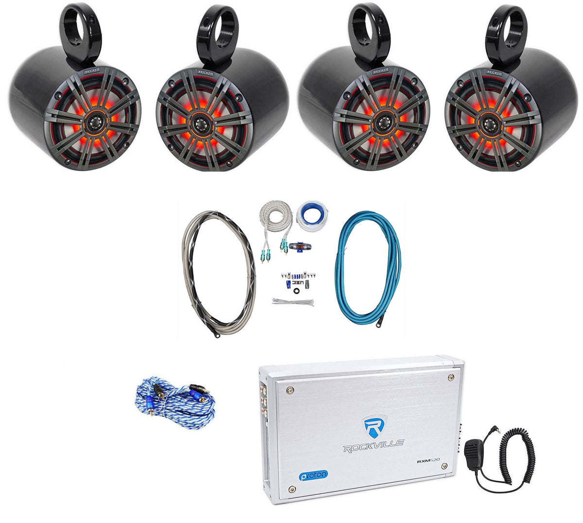 (4) 45KM654L 6.5" 780W Marine Wakeboard LED Speakers + 4-Ch Amplifier + Amp Kit