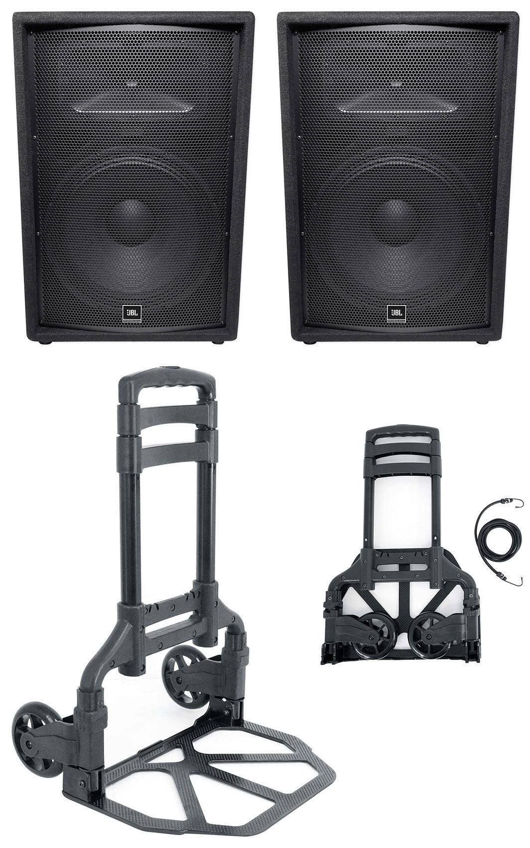 (2) JRX215 15" PA Speakers + GigMate Transport Cart
