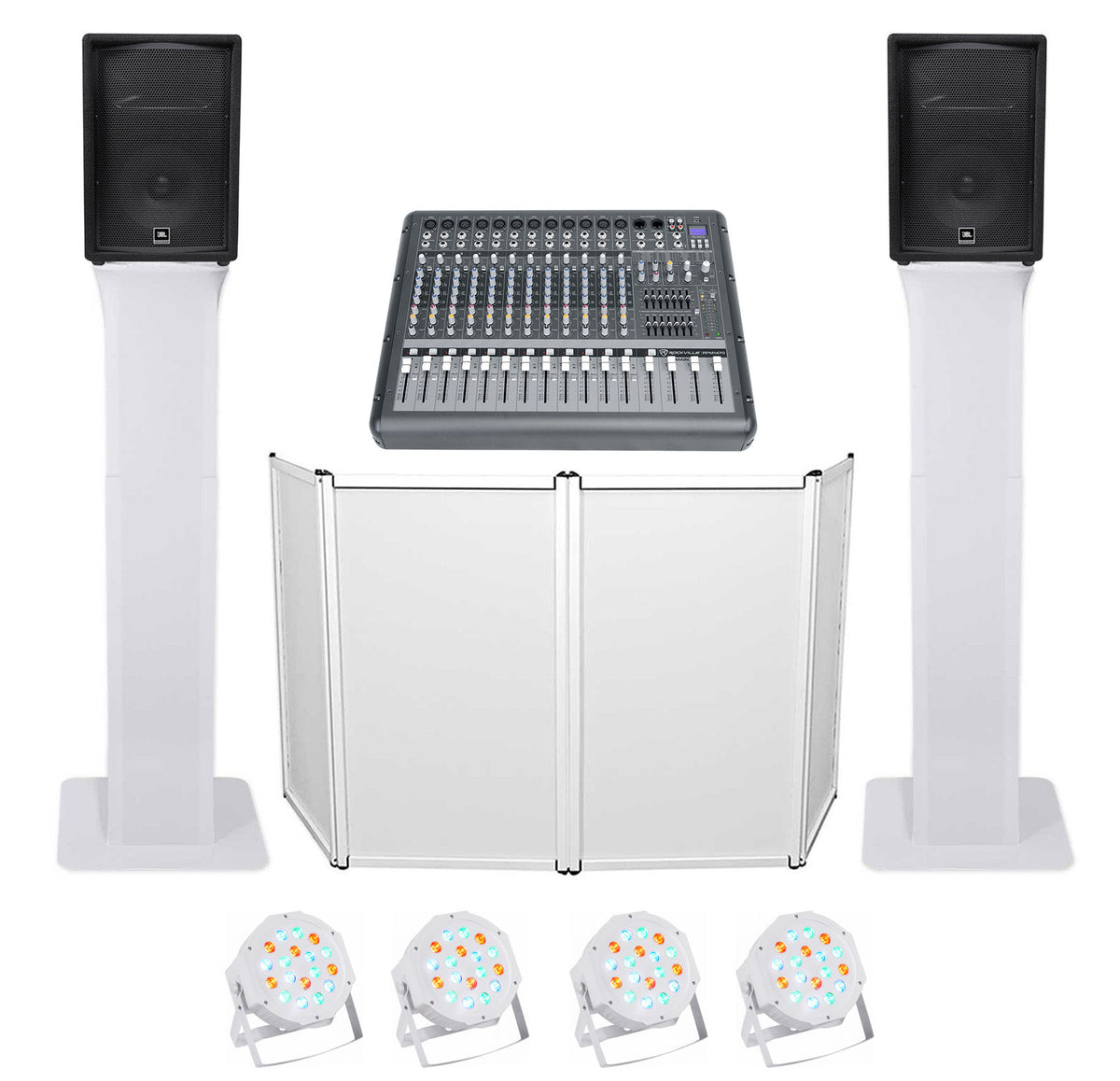 DJ Package with (2) JBL JRX212 2000w 12" Speakers+Powered Mixer+Totem Stands+Facade