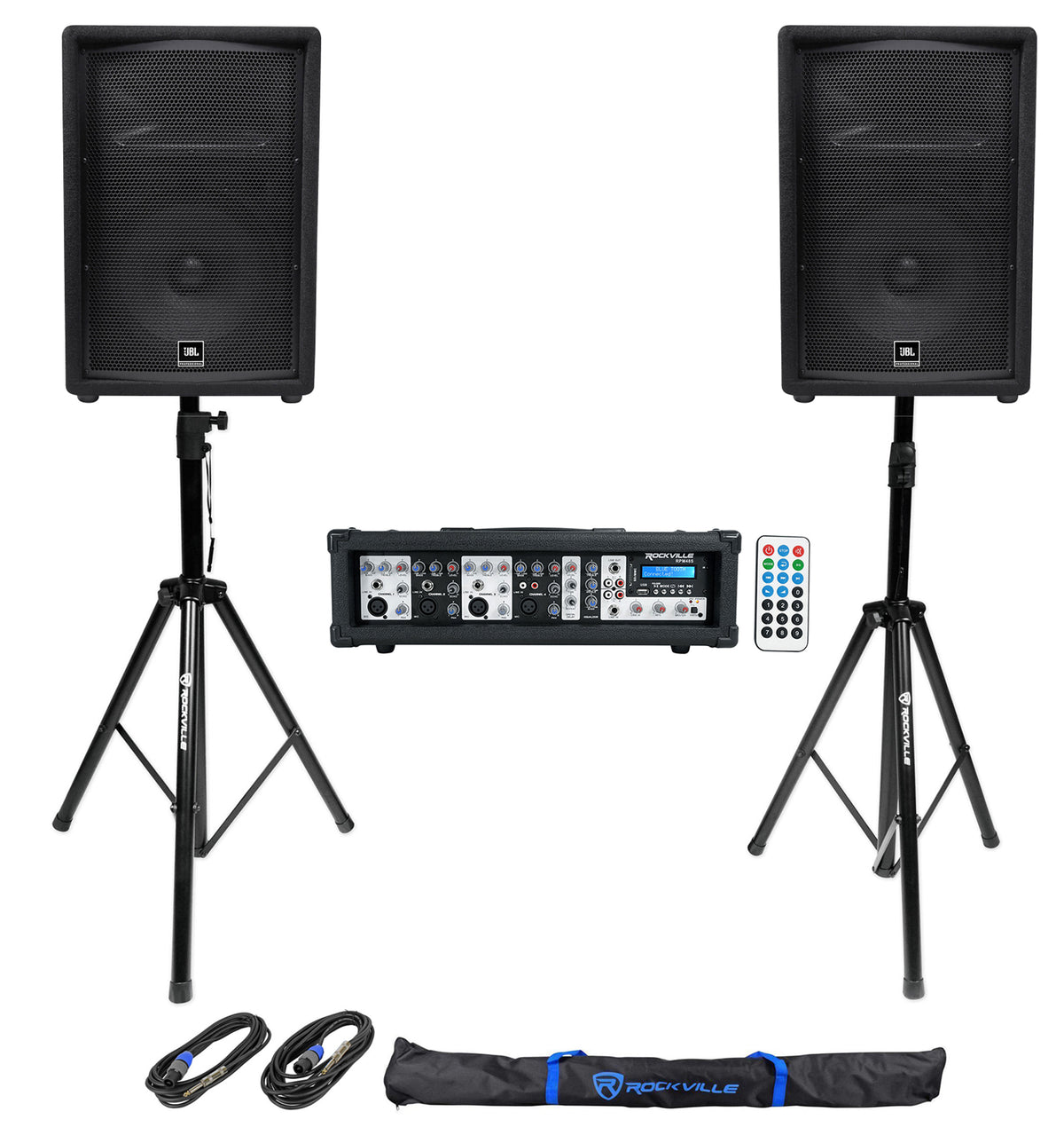 (2) JBL JRX212 1000 Watt 12" DJ PA Speakers+Powered 4-Ch. Mixer+Stands+Cables