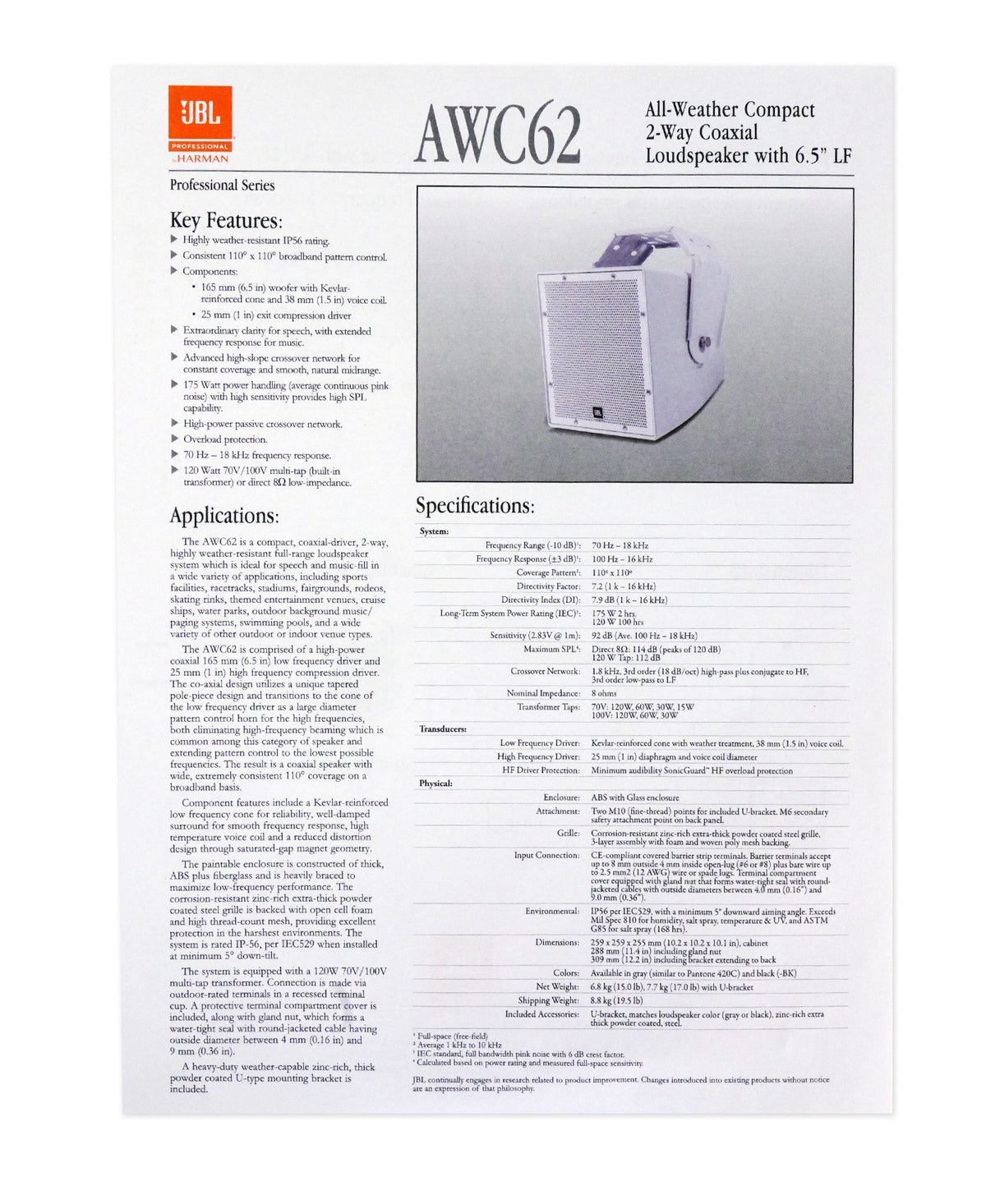 JBL AWC62-BK 6.5" 120w Black Indoor/Outdoor 70V Surface Mount Commercial Speaker