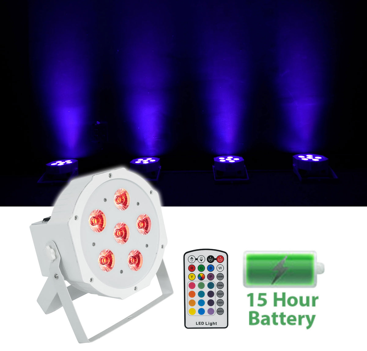 Rockville BATTERY PAR 6RF White Rechargeable Wireless DMX Lights+Remotes+Bags