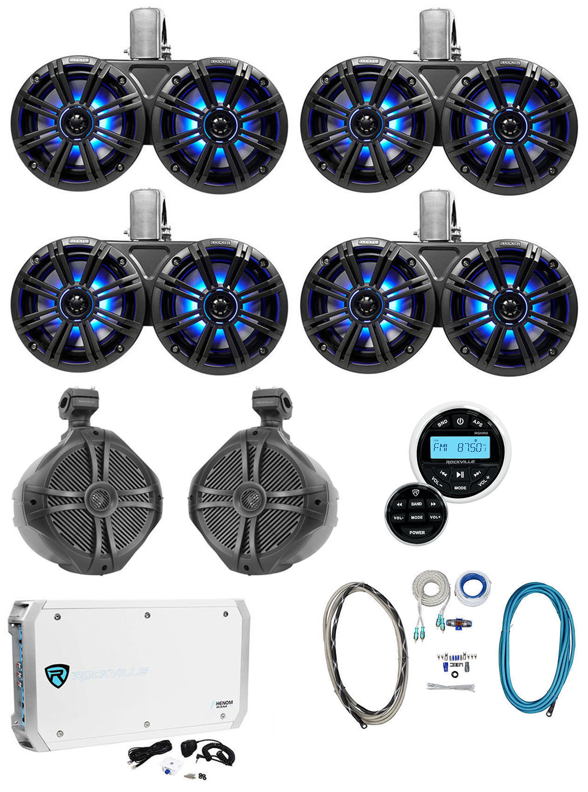 (4) 45KMTDC65 Dual 6.5"+(2) 8" Marine Speakers+Receiver+Amp+Kit