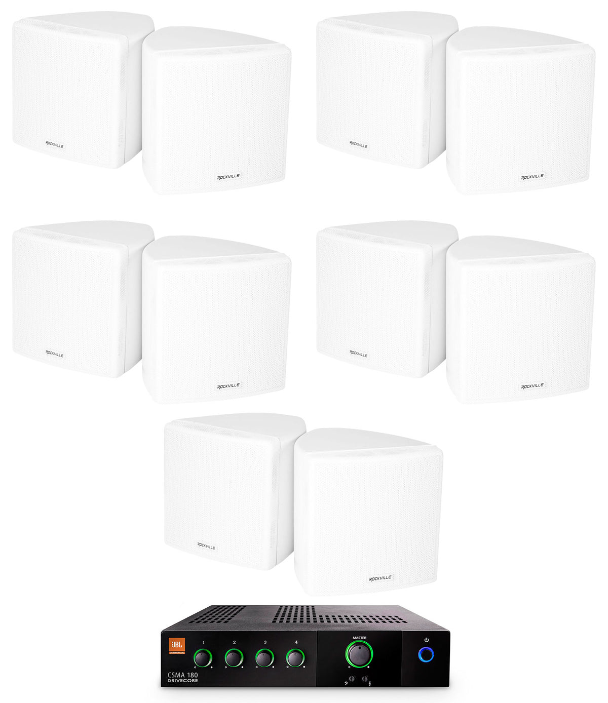 JBL CSMA 180 Commercial 70v Amplifier+10 White Cube Speakers For Restaurant/Cafe
