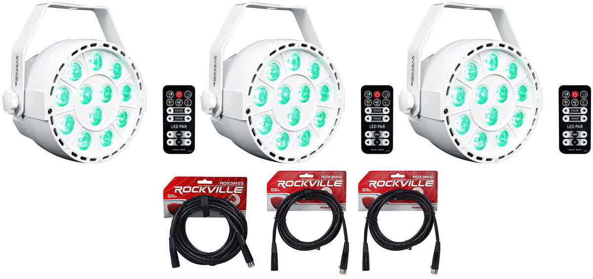 (3) RockPAR TRI LED RGB Par Cans DJ White DMX Wash Lights + Remotes + Cables
