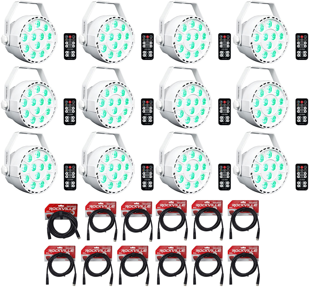 (12) RockPAR TRI LED RGB White DMX Par Wash DJ Lights+Remotes+Cables