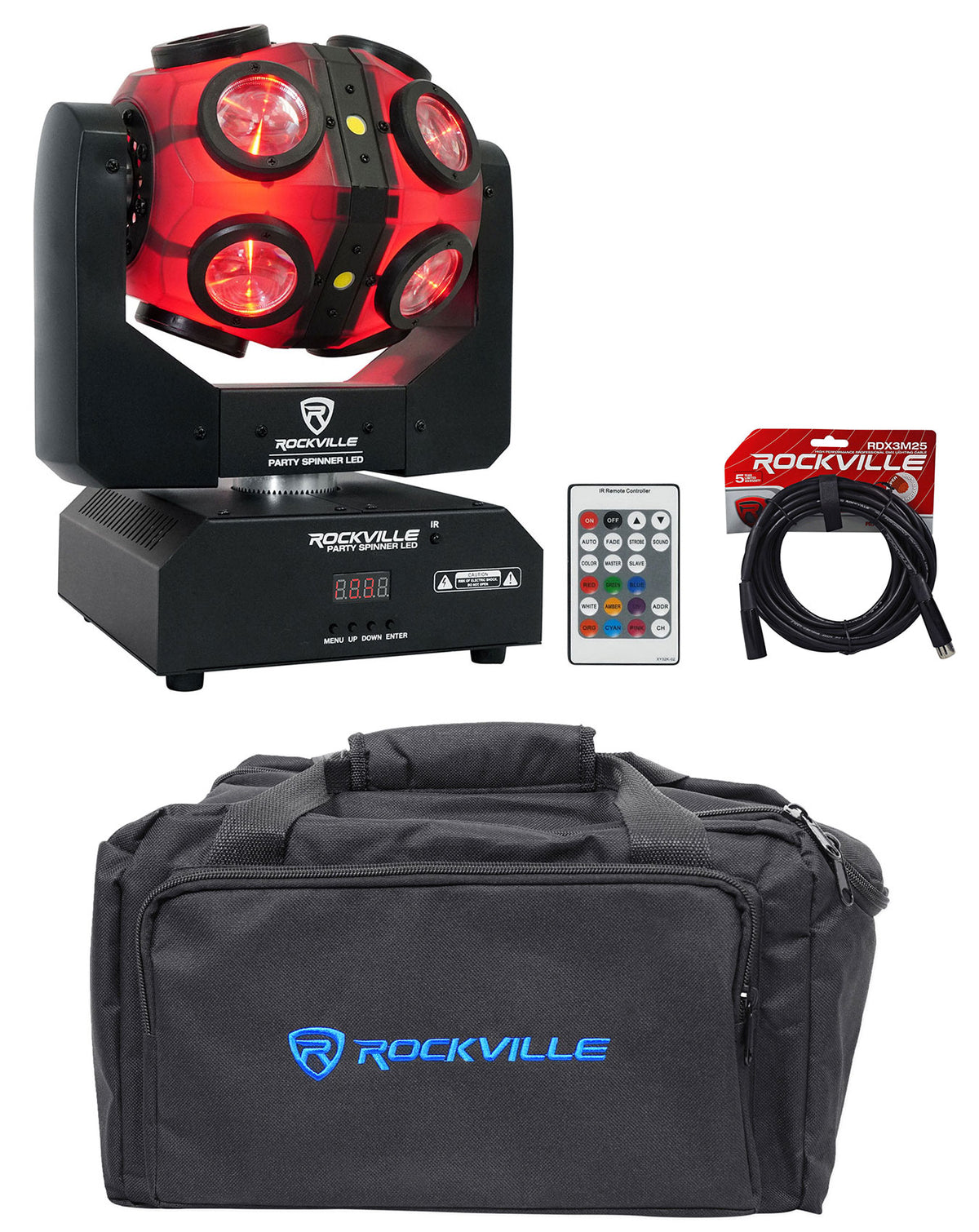 Party Spinner LED + RLB80 Bag + 25' DMX Cable Bundle