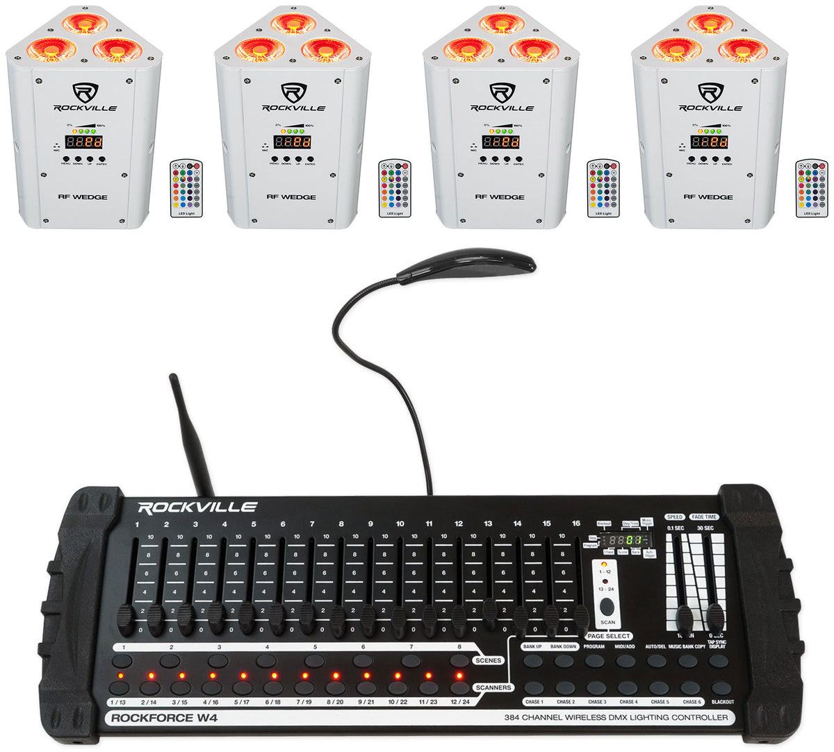 (4) RF WEDGE WHITE RGBWA+UV Wireless DMX Up Lights+384 Ch. Controller