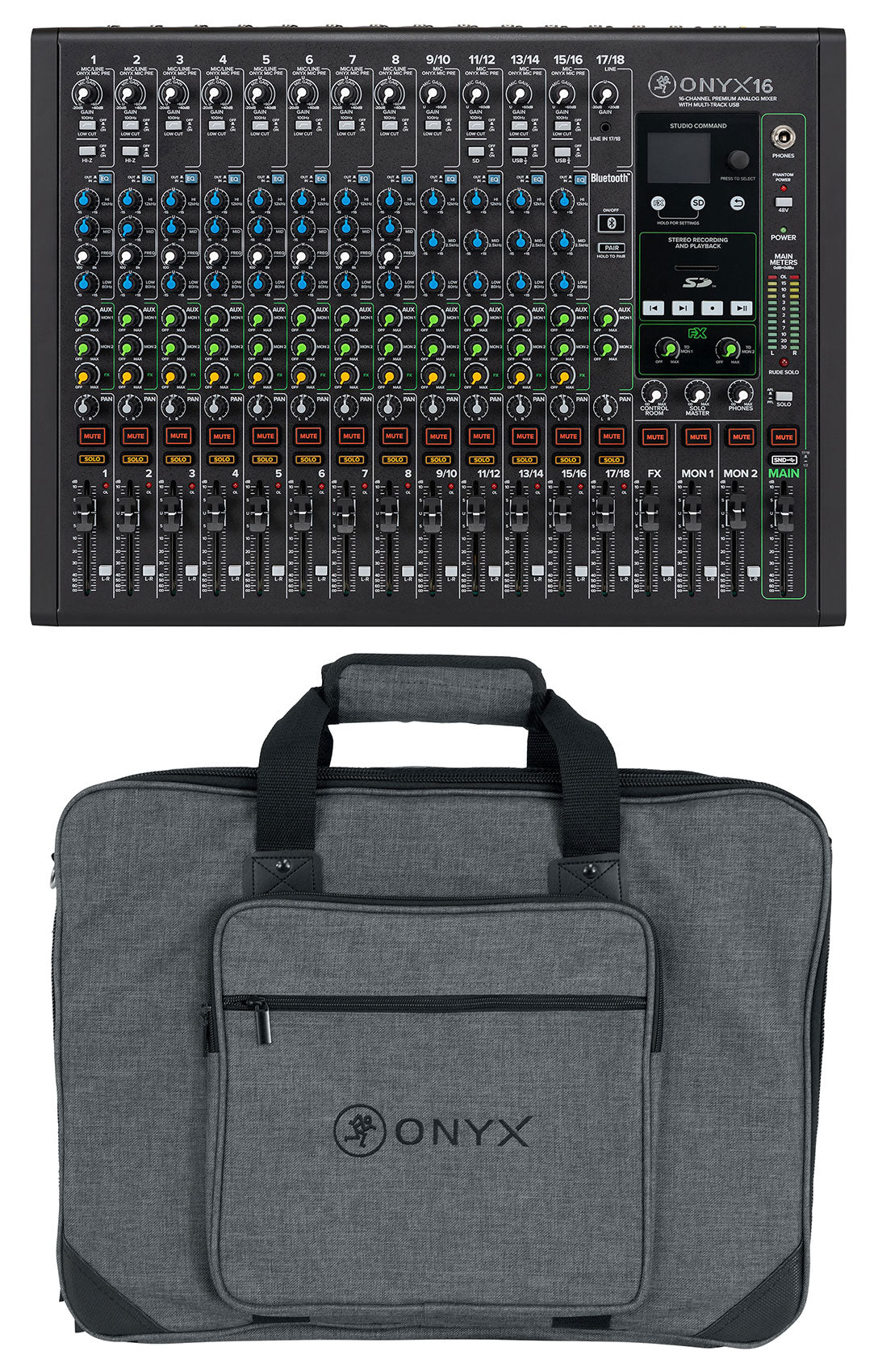 Mackie ONYX16 16-Channel Analog Mixer w/USB/3-Band EQ/Bluetooth+Carry Bag