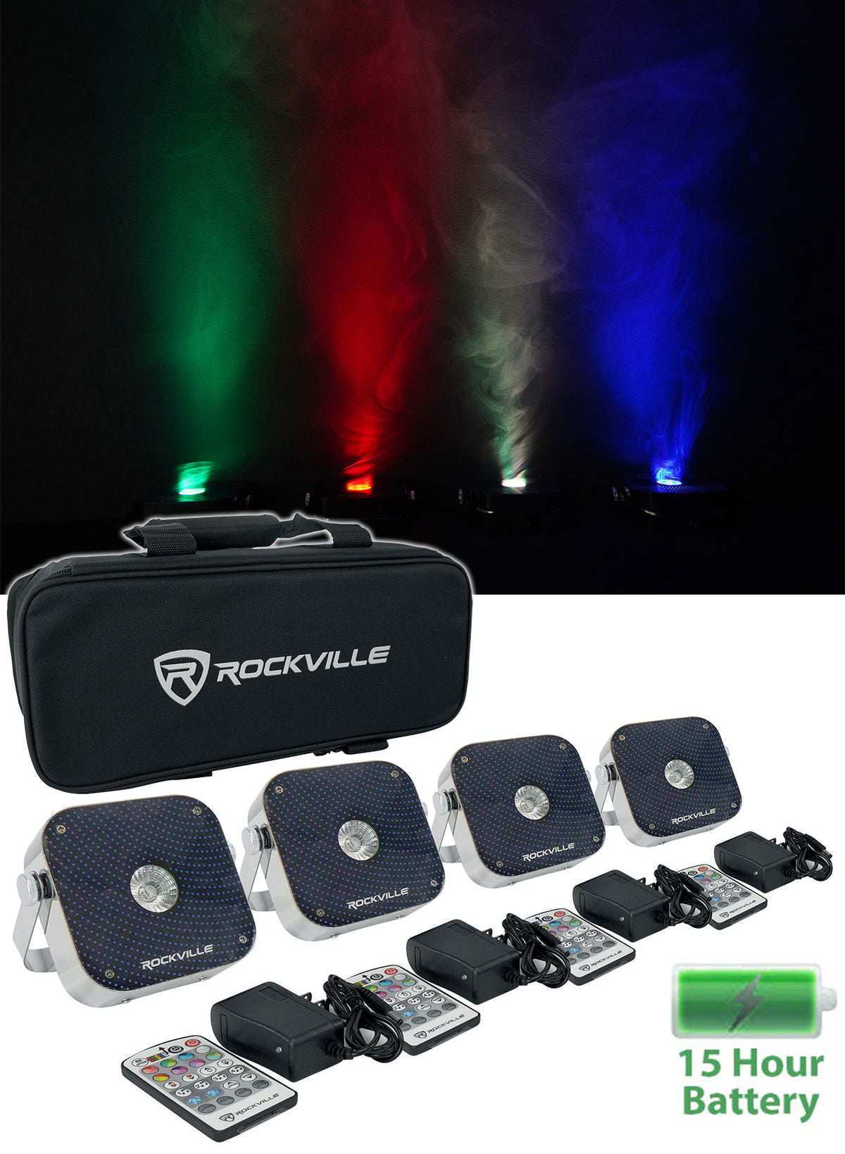 Rockville 4 PACK MINI RF1 V2 RGBWA+UV DJ/Party Wash Up Lights+Par Bag+RF Remote