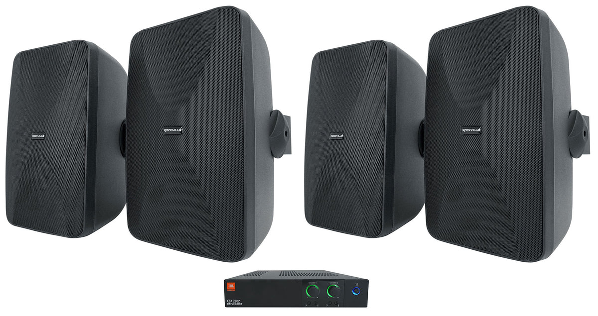 JBL CSA 280Z Commercial Amplifier+(4) Indoor/Outdoor Black Swivel Wall Speakers