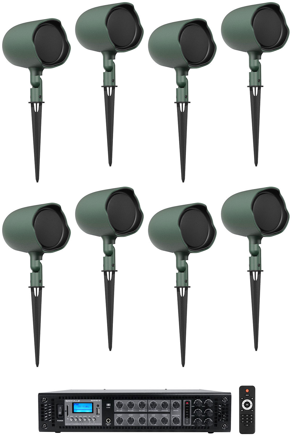 (8) JBL GSF3-GN 3" Landscape Ground Stake/Wall 70v Commercial Speakers+Amp