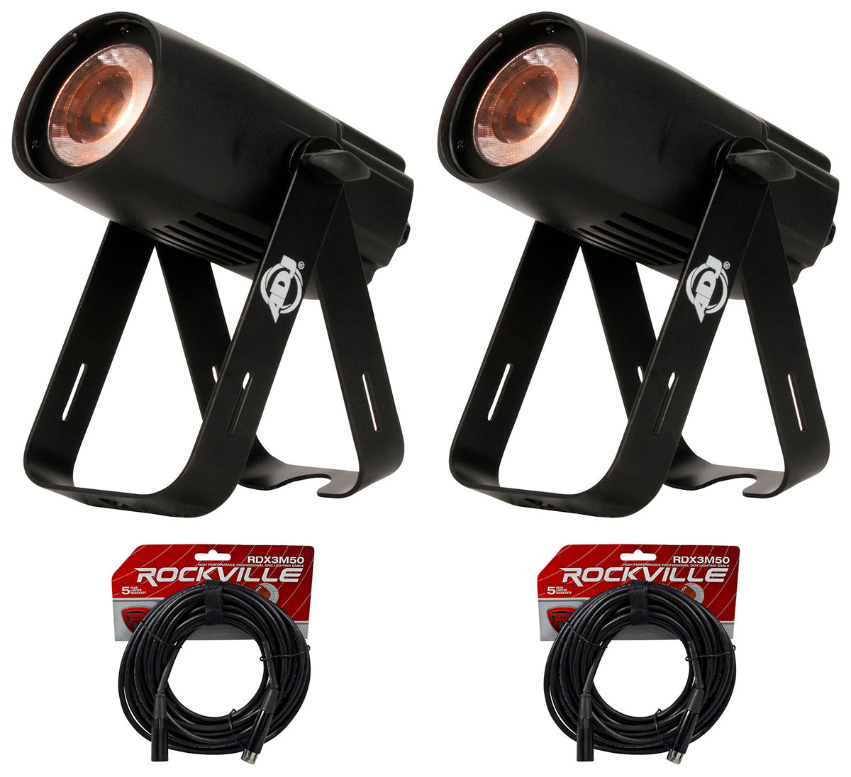 (2) American DJ SABER SPOT DTW Compact 15 Watt WW LED DMX Spotlights + Cables