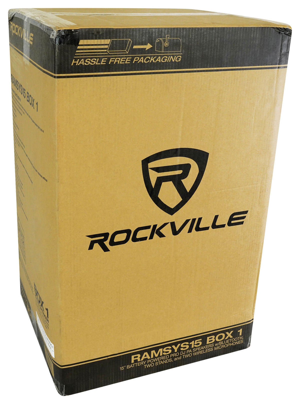 Rockville 15" Rechargeable Battery Powered PA Speaker System, (2) Wireless Microphones, Bluetooth, USB, FM Radio, 5-Band EQ, TWS Linking, RCA & 1/4” Inputs, Built-In Wheels & Handles
