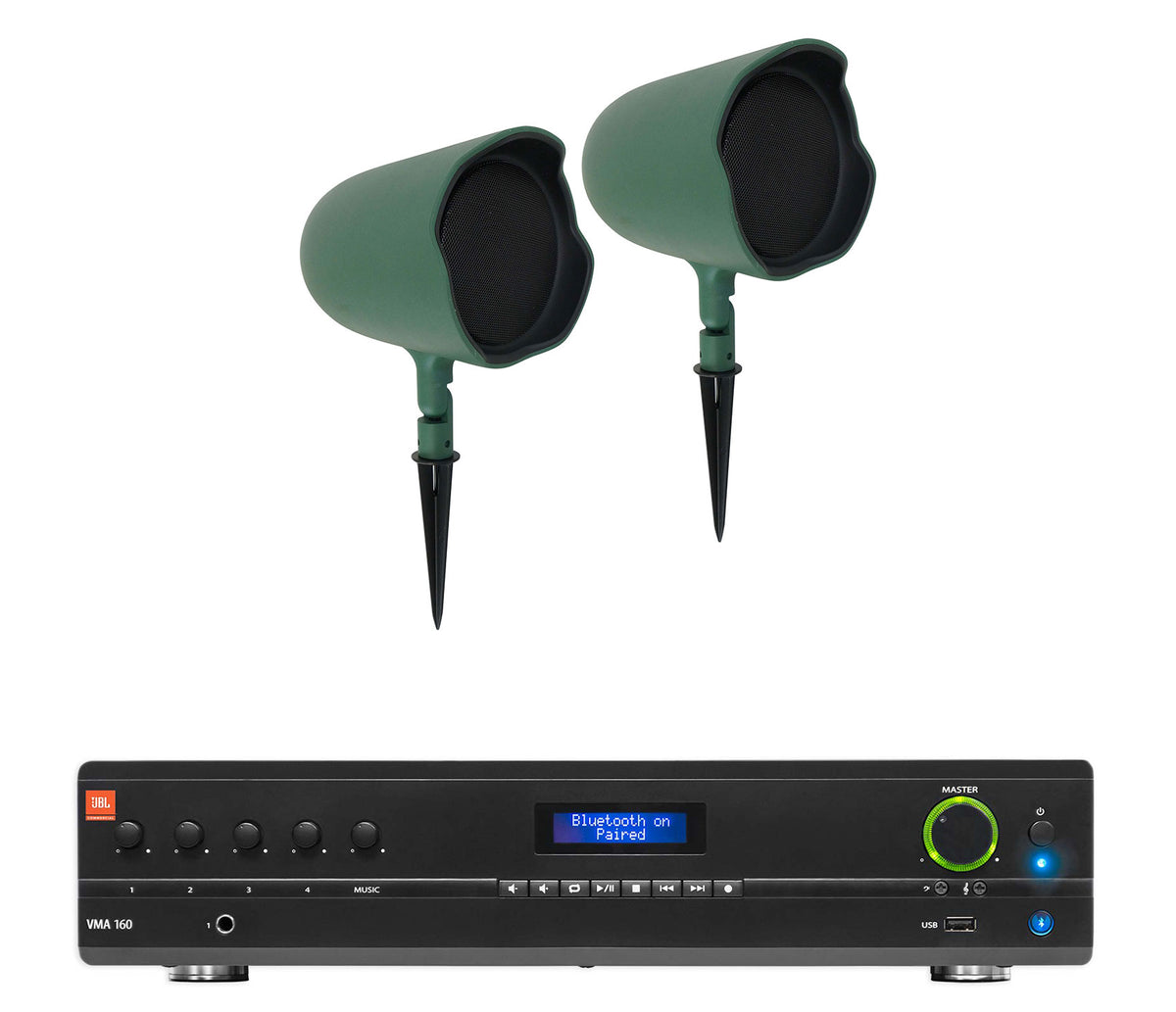 2 JBL GSF6-GN 6.5" Landscape Ground Stake/Wall Mount 70v Commercial Speakers+Amp