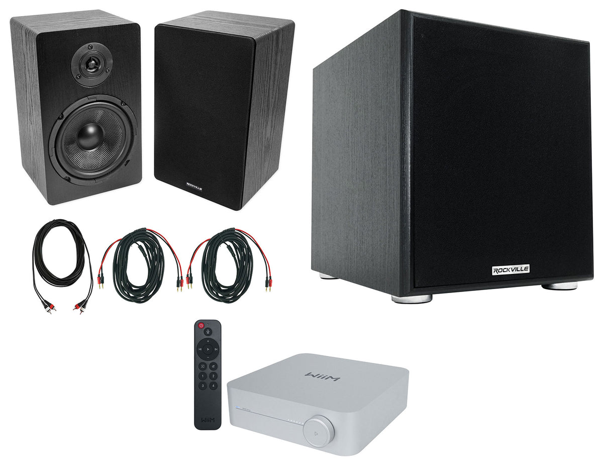 (2) Rockville RockShelf 68B Black 6.5" Bookshelf Speakers+Bluetooth/Wifi Amp+Sub