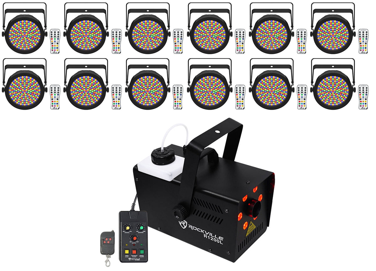(12) EZPAR 64 RGBA ILS Rechargeable Battery RGBA LED Par Wash Up-Lights + Fog Machine
