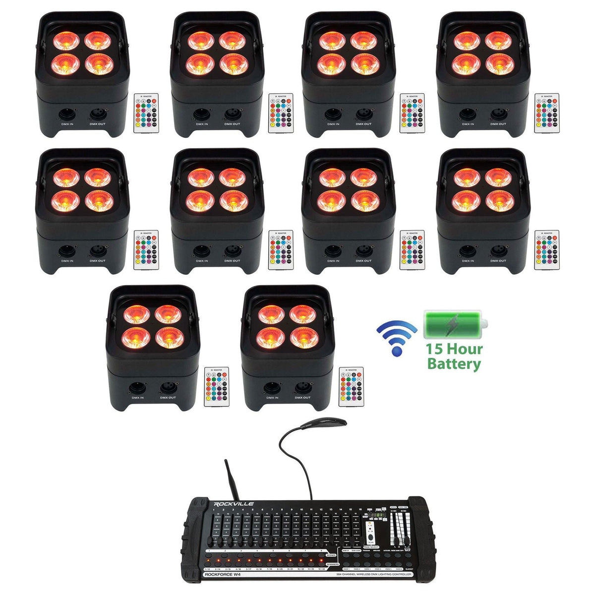 (10) BEST PAR 50 Battery Wash Lights + 384-Channel Wireless DMX Controller