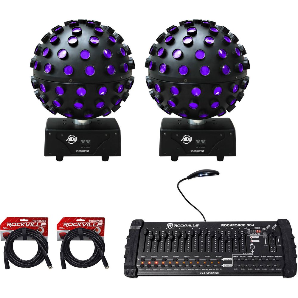 (2) Starburst LED Sphere Beam Effect Lights + ROCKFORCE 384 DMX Controller + Cables
