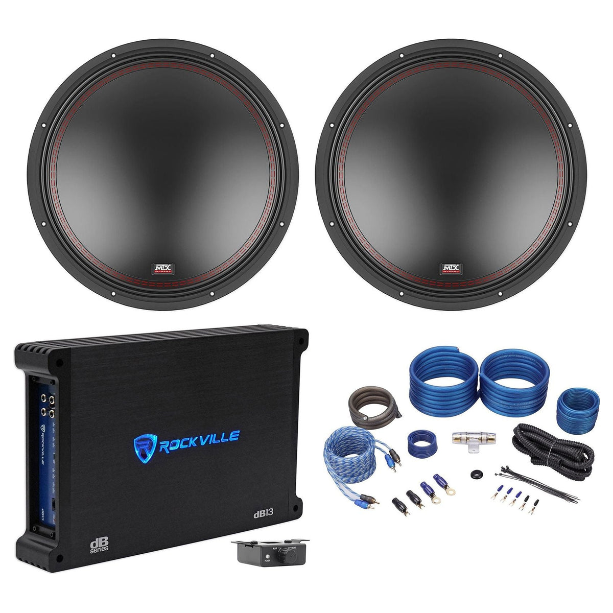 (2) MTX 5512-22 12" 1600w DVC 2-ohm Car Audio Subwoofers+Mono Amplifier+Amp Kit