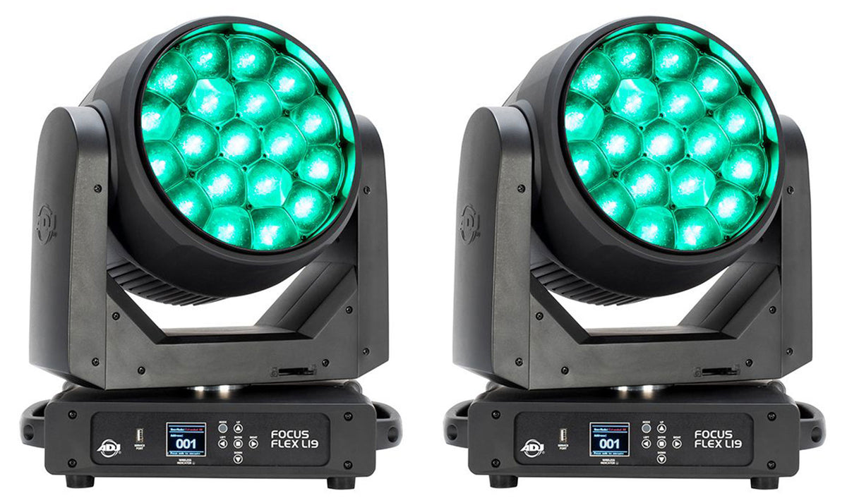 (2) Focus Flex L19 RGBL LED DMX Moving Head Lights w/Pixel FX