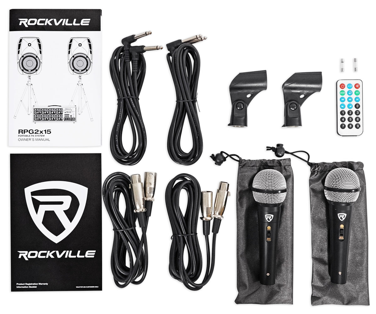 Rockville RPG2X15 BOX 1 15” 1400 Watts ABS molded DJ PA Passive Speaker+Mixer+Stand+(2) Microphones+Cables