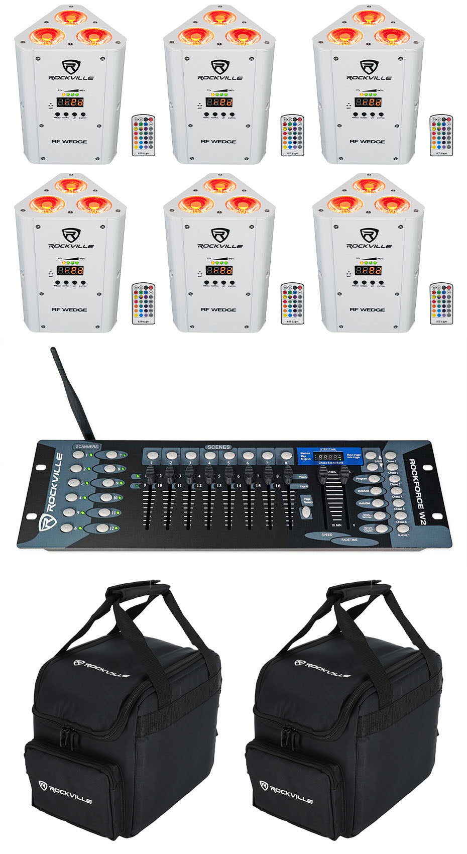 (6) RF WEDGE WHITE RGBWA+UV Wireless DMX Lights + W2 Controller + (2) RLB25 Bags