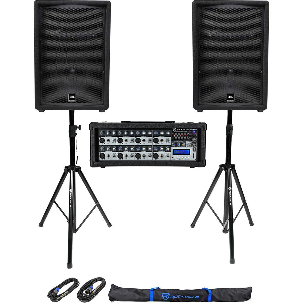 (2) JBL Pro JRX212 12" 2000w PA/DJ Speakers+Powered Mixer w/Bluetooth+Stands