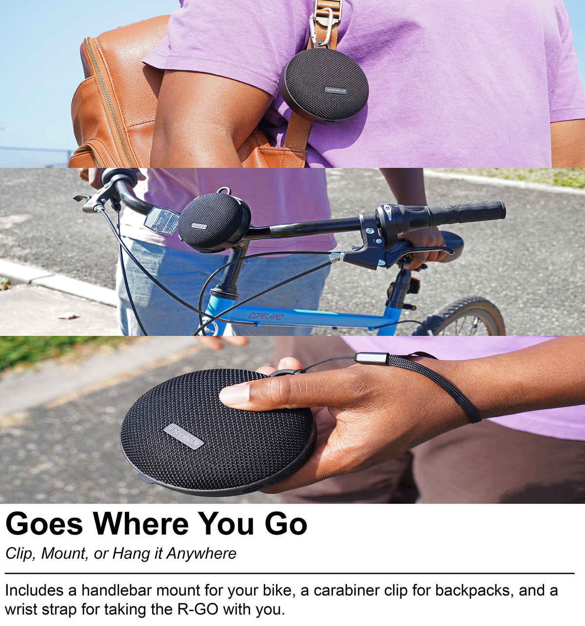 Rockville R-GO 16 Watt Waterproof Portable Bluetooth Speaker+Bicycle Bar Mount