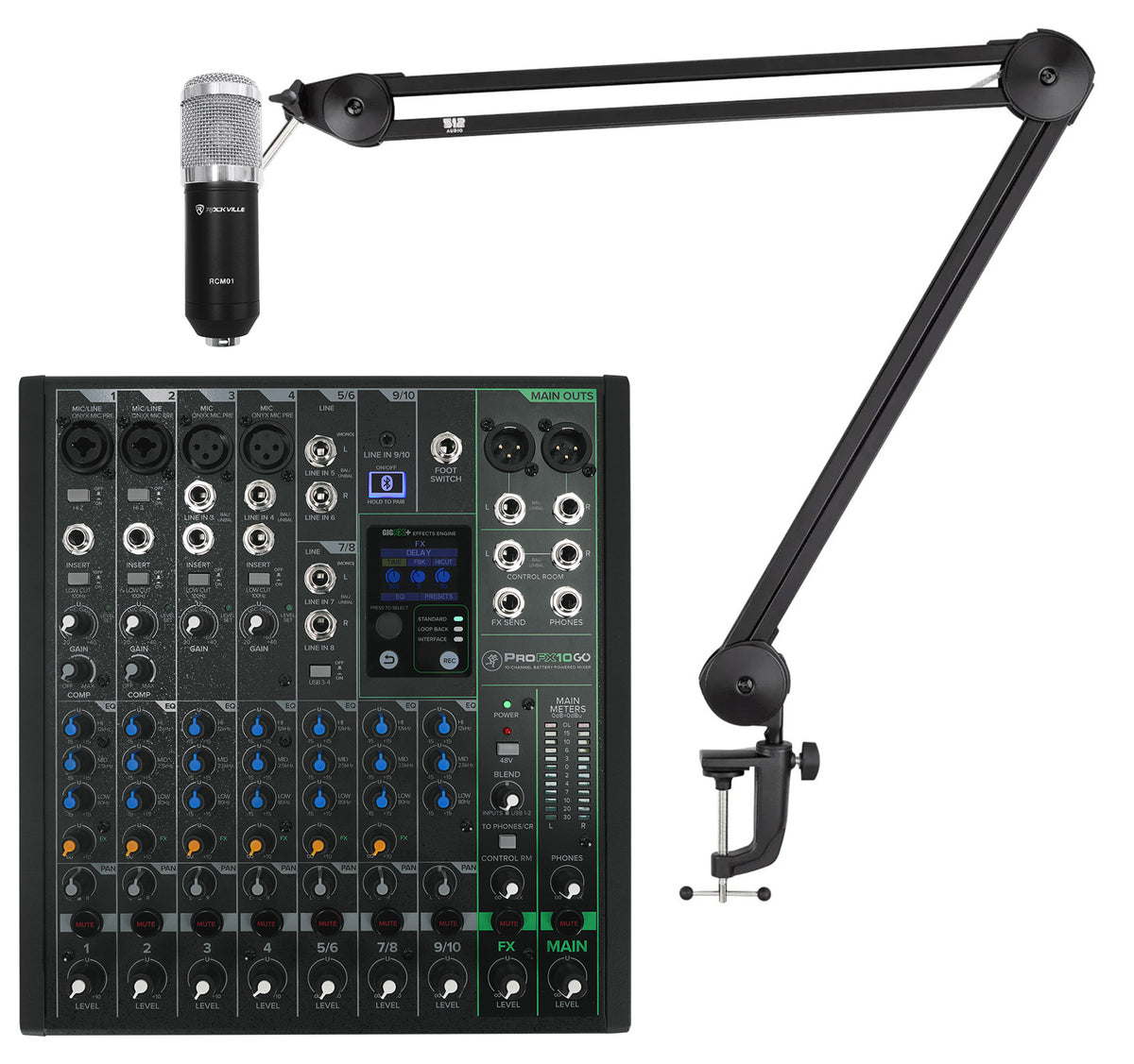 Mackie ProFX10GO 10-Channel Battery Analog Mixer w/FX/USB/Bluetooth+Mic+Boom Arm
